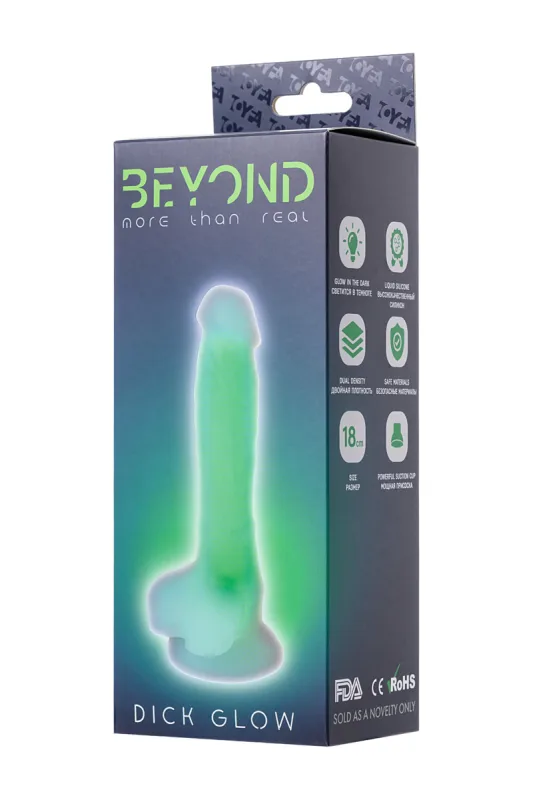 Фалоімітатор, що світиться в темряві, Beyond By Toyfa Dick Glow, силікон, прозоро-зелений, 13 см