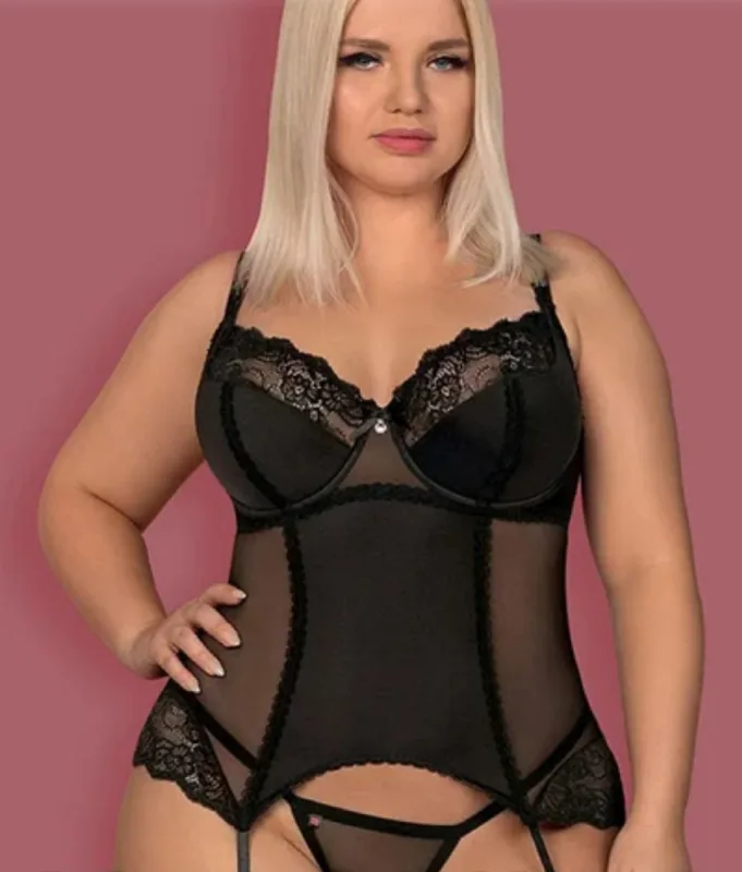 Корсет із пажами з мікросіточки Obsessive Amallie Corset, S/M, L/XL, XXL