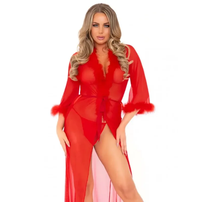 Довгий халат Leg Avenue Marabou Trimmed Red