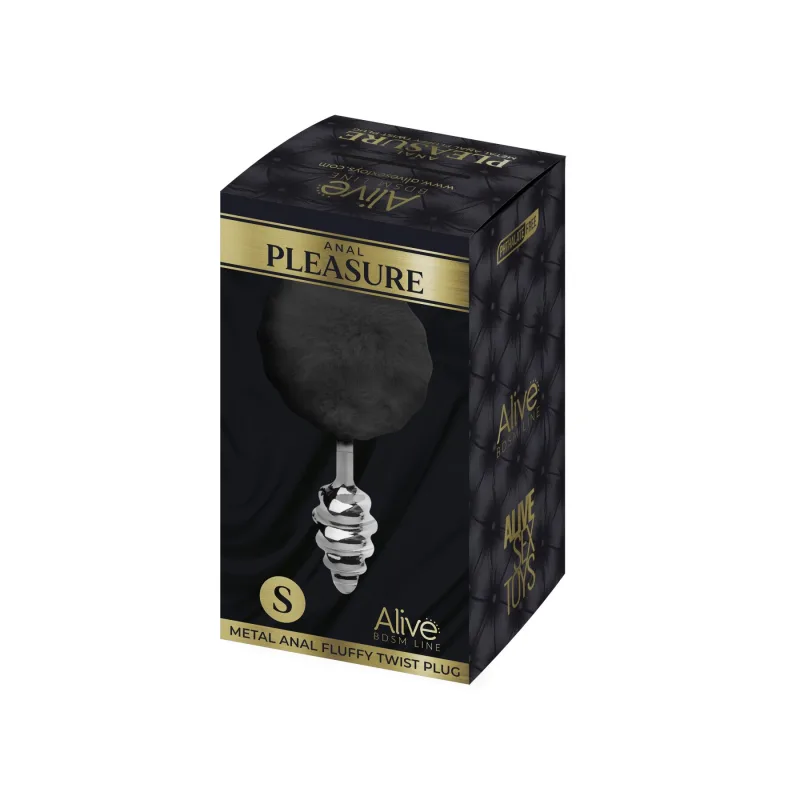 Металева анальна пробка Кролячий хвостик Alive Fluffy Twist Plug S Black, діаметр 2,9 см