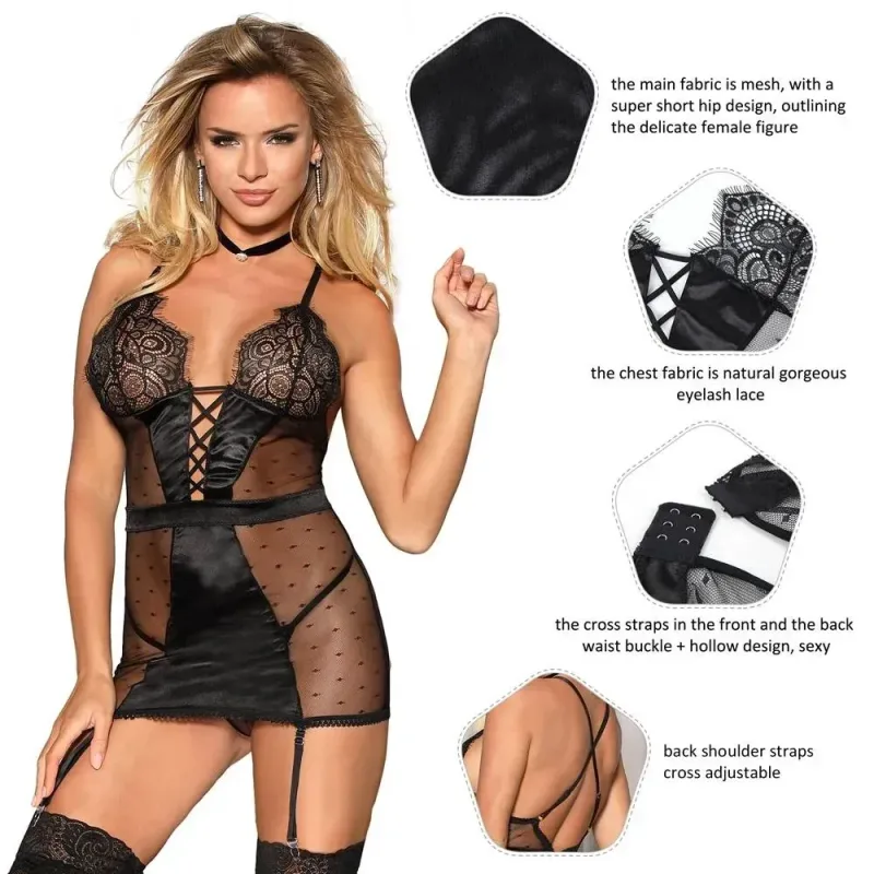 Сексуальний прозорий пеньюар у сіточку з підв'язками Star Night чорний, M