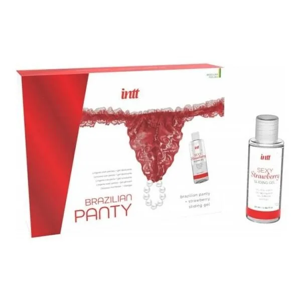 Набір Intt BRAZILIAN PANTY RED: трусики на резинці S-XL з перлинним кільцем + полунична змазка (відеоогляд)